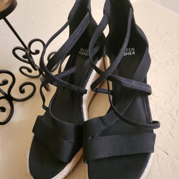 Eileen Fisher Sandals 8.5 Wedge Espadrilles Black Faux Suede Casual Comfort NWOB - Picture 3 of 10